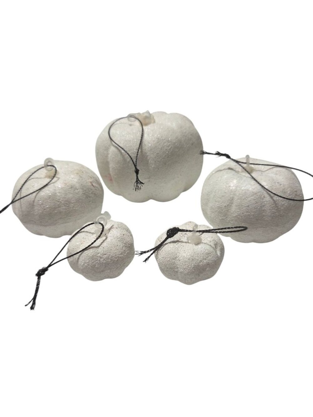 White Glitter Mini Pumpkin Ornaments String Hanger Halloween Fall Decor Set of 5